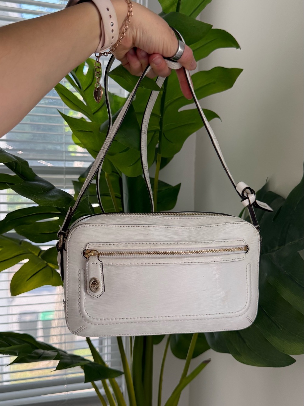 White Leather Shoulder Bag with Gold Hardware